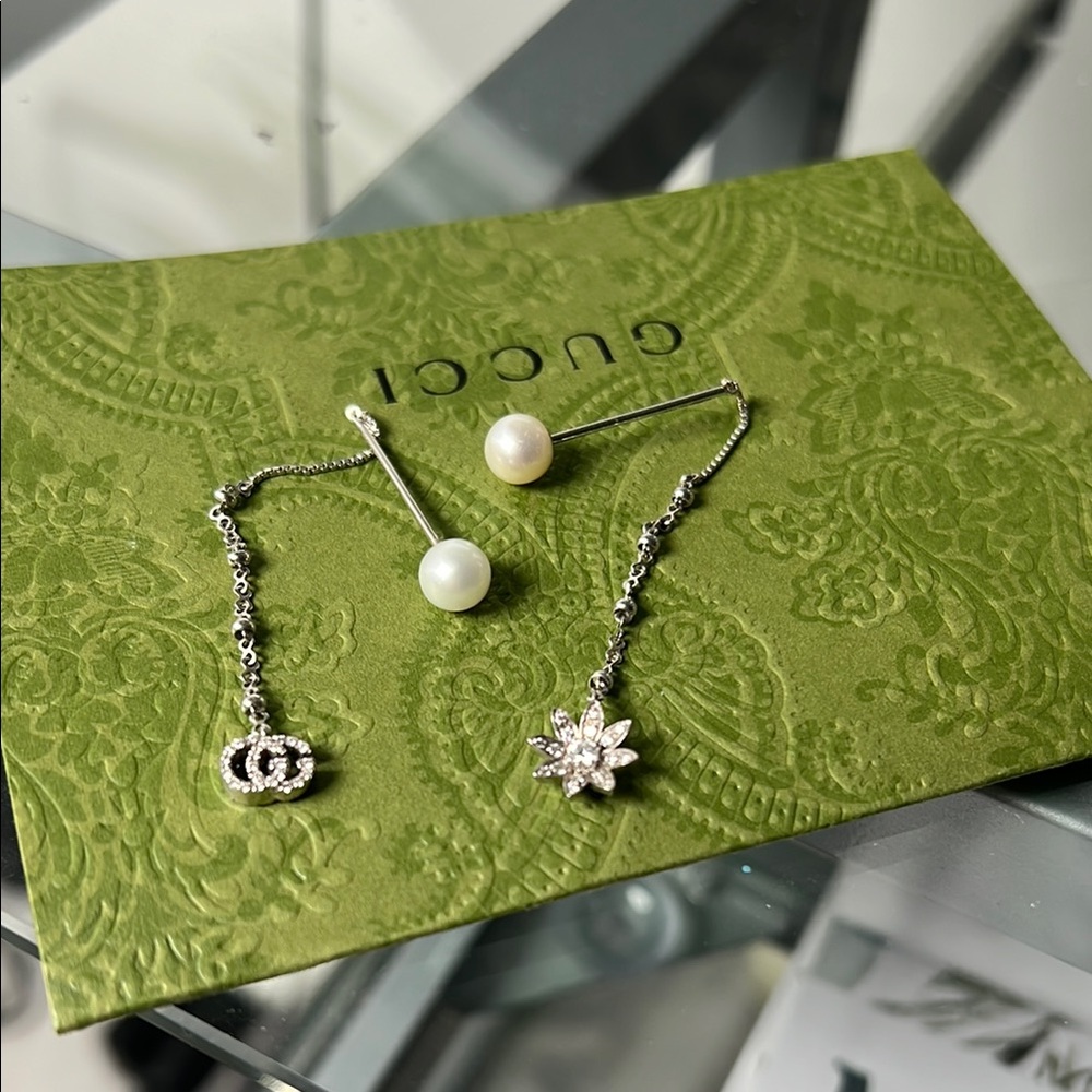 Gucci Flora 18K White Gold Diamond & Pearl Drop Earrings | Fine Jewelry GG Logo